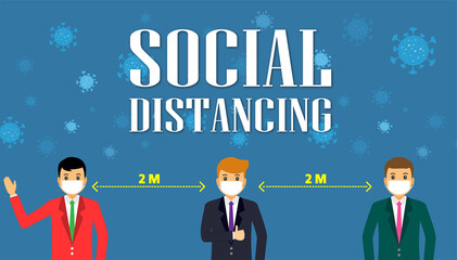 Businessman office people maintain social distancing. New normal at job working. covid-19 sign vector