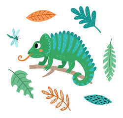 Cute Chameleon. Vector illustration with floral elements.