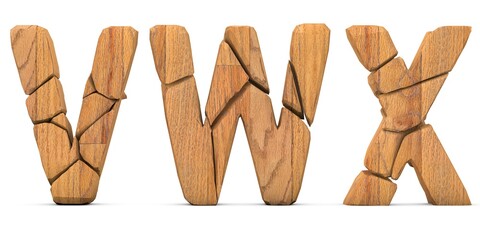 Wooden cracked letters V W X. Letters isolated on white background. English alphabet 3D rendering. Wood surface cut into pieces. Letter V, Letter W, Letter X