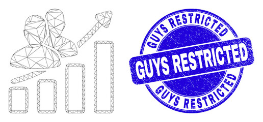 Web mesh people trend chart pictogram and Guys Restricted seal stamp. Blue vector round scratched seal stamp with Guys Restricted message.