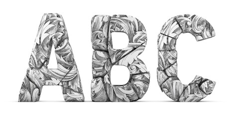 Cracked letters A B C. Letters isolated on white background. English alphabet 3D rendering. Flower ornament texture. Letter A, Letter B, Letter C.	
