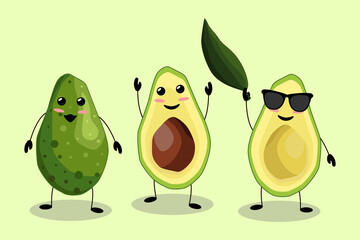Three endearing characters with avocado. Healthy and delicious fruit. Cartoon style. Vector illustration isolated on a light green background for design and web.