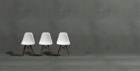 3 sillas de madera y plástico blanco de diseño de Jacobsen sobre suelo y pared efecto hormigón. Render 3D