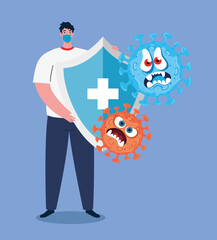 fight against coronavirus, man wearing medical mask, emoji covid 19 with facial expression and shield protection vector illustration design