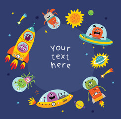 Funny monsters in space. Vector illustration for children