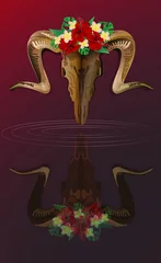 Rollo Boho Widderschädel mit Blumen auf dem Kopf. Ureinwohnerdekor, Druckelement, Stammes-Bohemian Navajo, Inder, Peru, aztekische Verpackung. Print für T-Shirts und Longsleeve