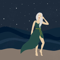 beautiful girl with white hair stands on the seashore in an emerald dress. night landscape.