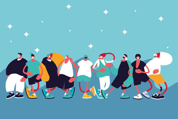 Urban men cartoons with masks casual cloth and stars vector design
