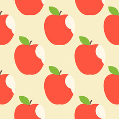  Seamless pattern of bitten apple with green leaves flat vector illustration on color background