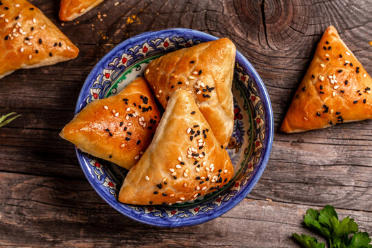 Samosa, samsa meat stuffed pies, oriental style. Uzbek national dish samosa