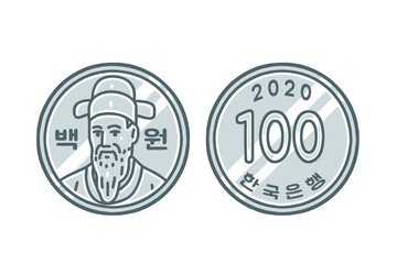 Korean 100 Won Coin. Front and back. Vector illustrations set. The letters written on the coins mean 100 won and the Bank of Korea.