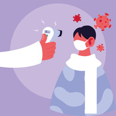Hand holding thermometer gun checking man temperature vector design