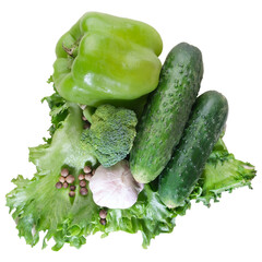 fresh eggplant squash zucchini garlic cucumber paprika isolated on white background