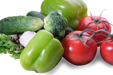 fresh eggplant squash zucchini garlic cucumber paprika tomato isolated on white background