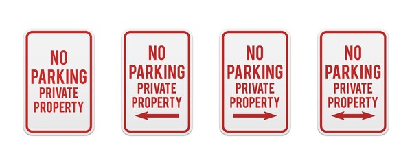 No parking private property. Set of classic road and street signs. Vector elements for production, graphic design, posters or information materials. Collection of parking and traffic safety signs.