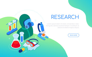 Covid-19 and medical research - colorful isometric web banner