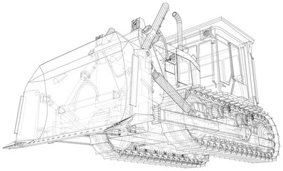 Building bulldozer Isolated. 3D rendering. Wire-frame. The layers of visible and invisible lines are separated. EPS10 format.
