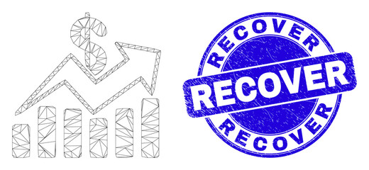 Obraz premium Web mesh sales trend charts icon and Recover seal stamp. Blue vector round distress seal stamp with Recover caption. Abstract frame mesh polygonal model created from sales trend charts icon.