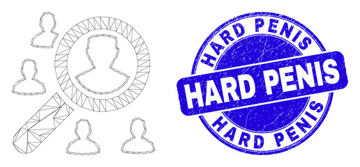 Web mesh search users icon and Hard Penis seal. Blue vector round textured seal stamp with Hard Penis phrase. Abstract frame mesh polygonal model created from search users icon.