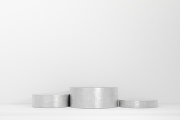 Step silver podiums on white background. Abstract minimal scene with geometrical. Modern pedestal show cosmetic products presentation. Mock up design empty space. studio platform template. 3d render