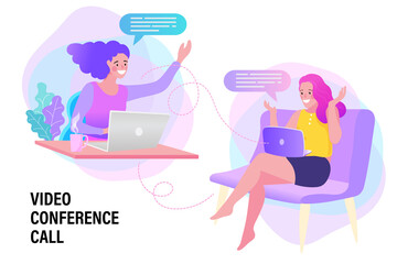 young women in video conference in laptop. Working woman in the living room. Remote work. stay at home, female sitting and working on laptop. people with computer. Flat design vector illustration.
