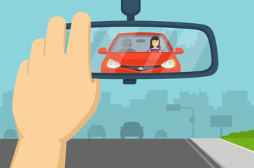 Hand adjusting rear view mirror in a car. Flat vector illustration.
