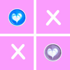 Contemporary collage. Two cups of blue and purple matches on a bright pink background for playing tic tac toe.
