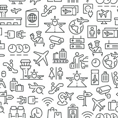 Seamless pattern with airport and planes. Black and white thin line icons