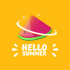 Vector Hello Summer Beach Party Flyer Design template with fresh watermelon slice isolated on orange background. Hello summer concept label or poster with fruit and typographic text