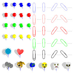 office pushpins and clips on a white background.Colorful and merry pushpins like skull, ghost, dog, coronavirus, baby elephant and little heart.Vector illustration