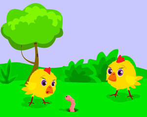 Obraz na płótnie Canvas yellow chicks in the garden.Two pretty yellow chicks are hunting earthworm in the garden.Vector illustration for children.