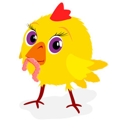 yellow chick with a pink earthworm in its beak.Cartoon vector illustration for children on a white background
