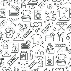 Seamless pattern with laundry. Black and white thin line icons