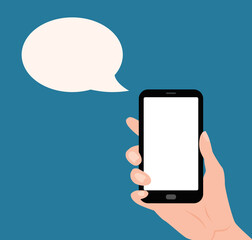 Human hand holding Smartphone with empty screen with speech bubble