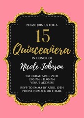 Quinceañera Birthday Party for Girl 15 years vector printable invitation card with golden glitter elements