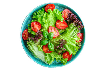 Healthy vegetable salad leaves lettuce mix micro green, cucumber, tomato, onion other ingredient. food background copy space 