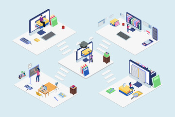 Online education technology blockchain. Isometric E-Learning activity process steps. Vector