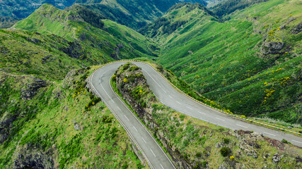 Aerial view of curve road on the high mountain in Encumeada, Ribeira Brava, Madeira island.