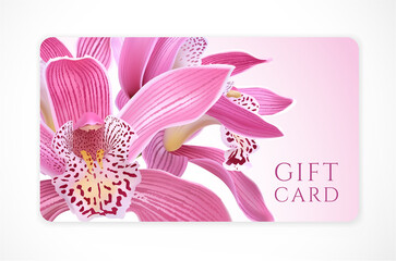 Gift card with beautiful realistic orchid pink flower isolated on clean background. Template useful for  wedding design, women shopping card, 8 march invite