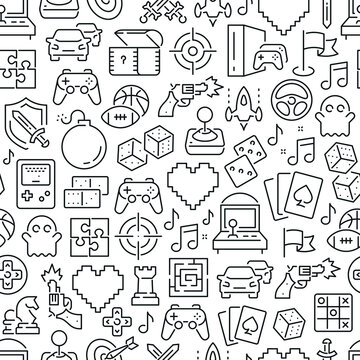 Seamless pattern with video games. Black and white thin line icons