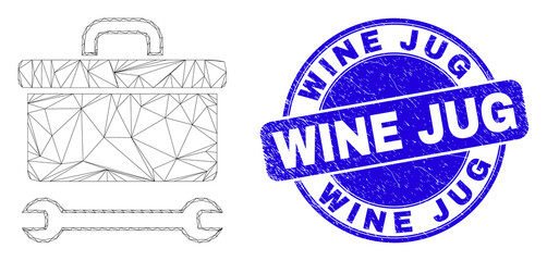 Web mesh toolbox wrench icon and Wine Jug watermark. Blue vector round textured watermark with Wine Jug message. Abstract frame mesh polygonal model created from toolbox wrench pictogram.