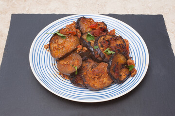 A plate served with Egyptian Moussaka with aubergines and minced beef