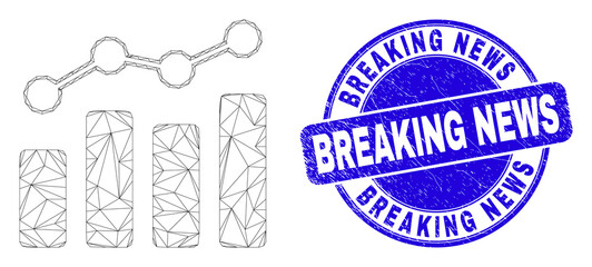 Web carcass trend chart icon and Breaking News seal stamp. Blue vector rounded textured stamp with Breaking News text. Abstract frame mesh polygonal model created from trend chart icon.