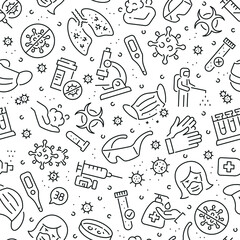 Seamless pattern with coronavirus. Black and white thin line icons