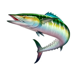 Spanish Mackerel wahoo green fish big fish on white realistic illustration isolate.
