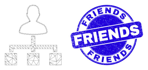 Web mesh user links pictogram and Friends seal. Blue vector round scratched seal stamp with Friends caption. Abstract carcass mesh polygonal model created from user links icon.