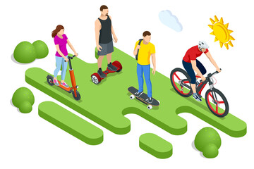 Isometric Ecological personal transport concept. Electric Scooter on the road. Electric scooter transportation you can rent for a quick ride. Eco city transport. © Golden Sikorka