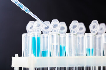 microbiological pipette in the genetic laboratory. study of a virus or vaccination. blue tinted.