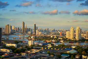 cityscape of bangkok with double bridge and chao praya river in clear sky