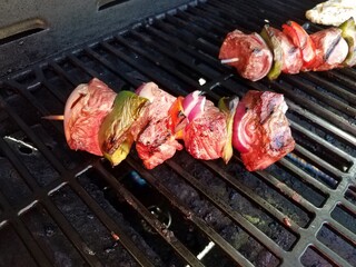 beef kebob with onions and peppers on a stick on a grill with chicken